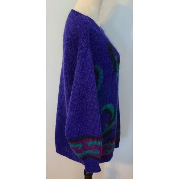 Cambridge Spirit Women L Purple Colorful Wool Blend Abstract 80's Style Pullover - Picture 4 of 13